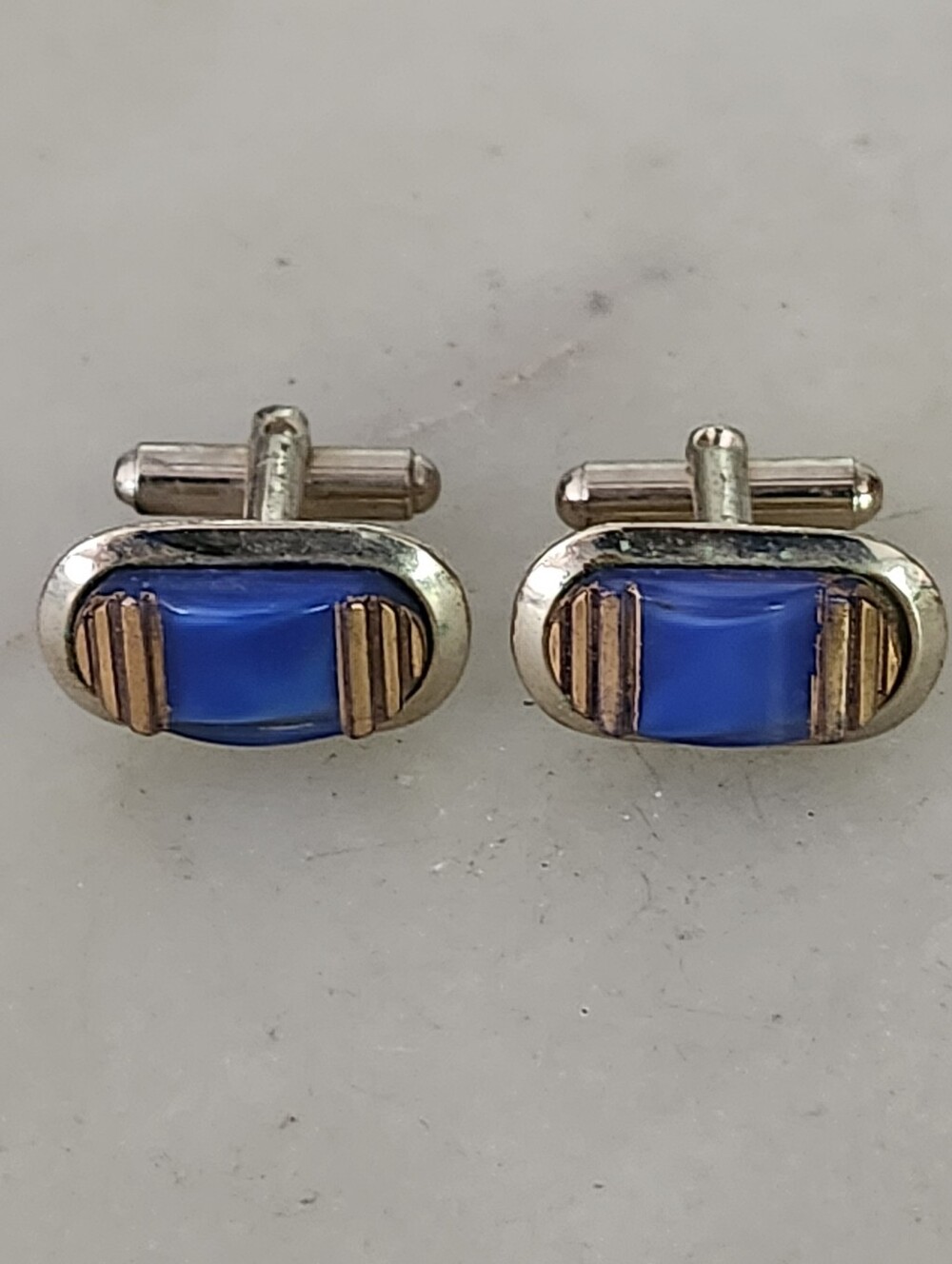 Art Deco  Blue Stone Inlay Oval Cufflinks with Gold Tone Accents